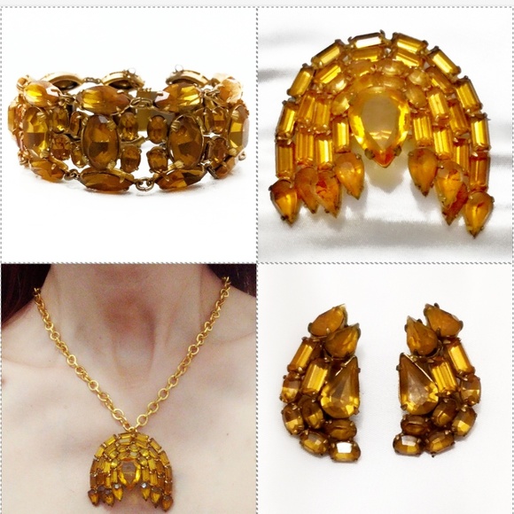 Vintage Jewelry - Vintage Amber Crystal Necklace, Earrings & Bracelet